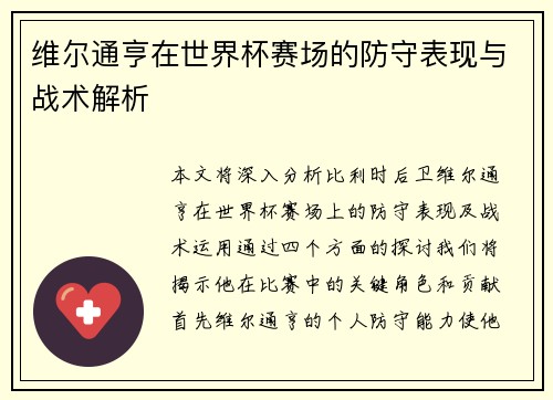 维尔通亨在世界杯赛场的防守表现与战术解析